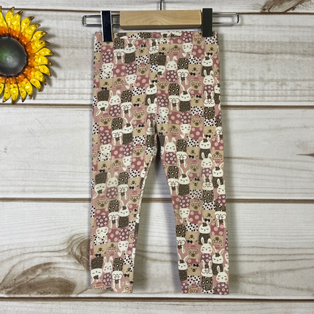 Mayoral Girls Bunny Bear Print Leggings Pants Pink Beige Cotton Blend 18M Easter